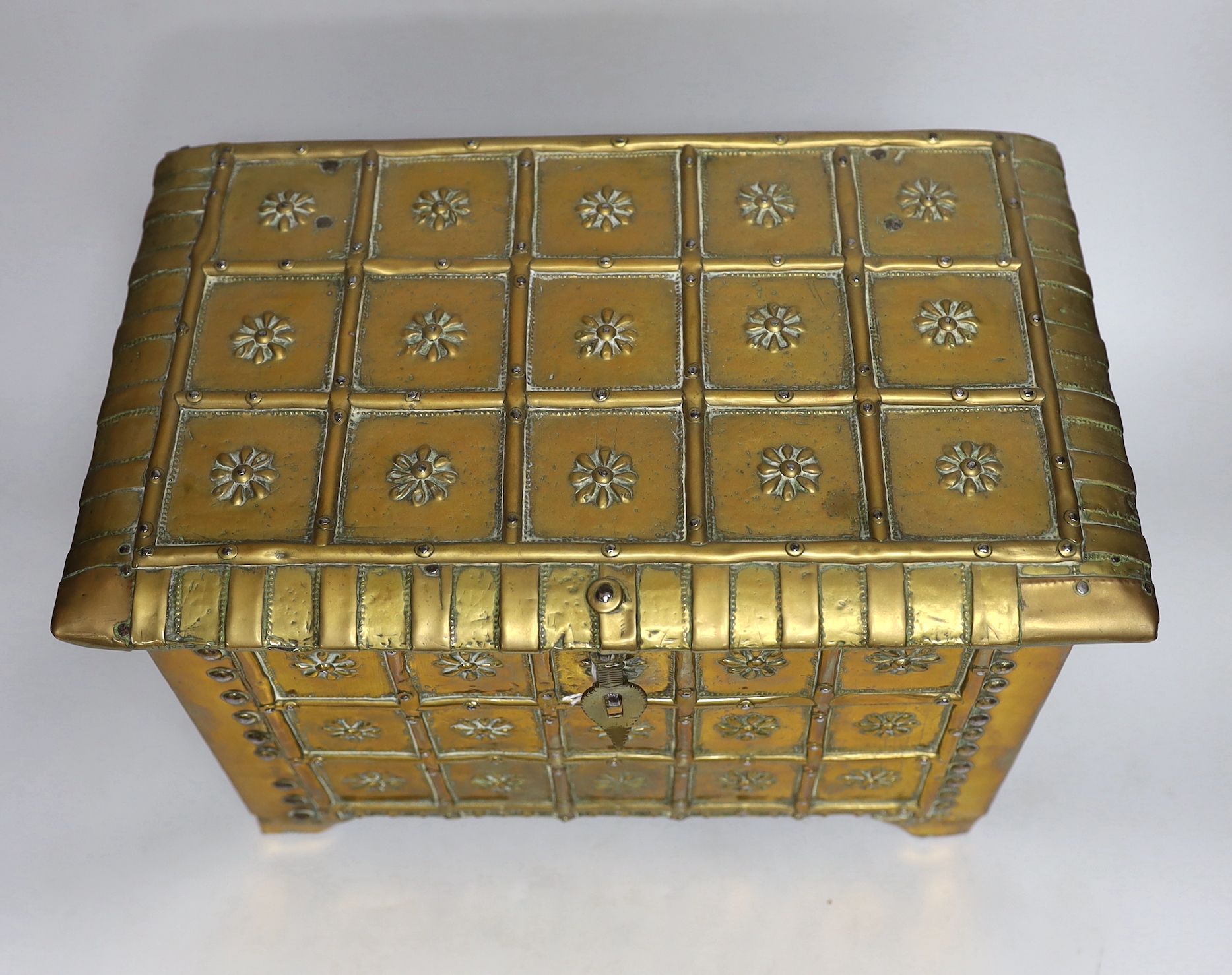 An 18th century brass bound chest, 36cm wide, 25.5cm high